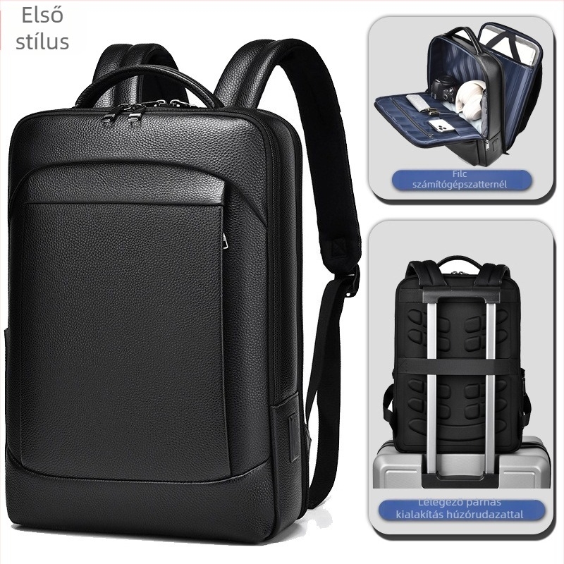 Férfi üzleti laptop hátizsák első réteg marhabőrből, görbült vállpánttal, kapacitás 20 liter alatt