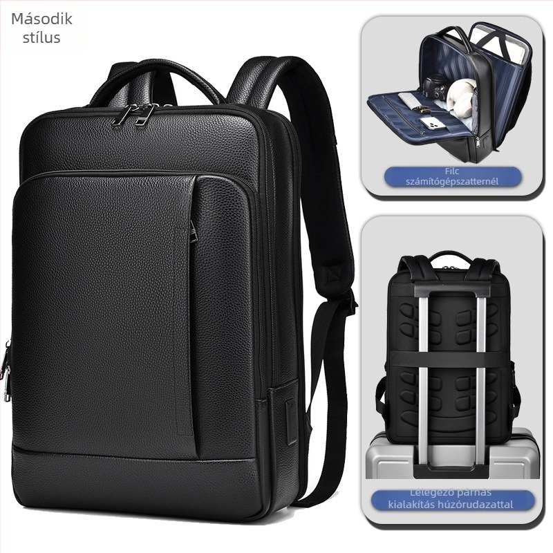 Férfi üzleti laptop hátizsák első réteg marhabőrből, görbült vállpánttal, kapacitás 20 liter alatt