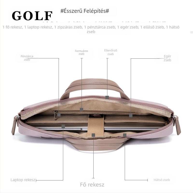 GOLF Laptoptáska védő tok belső zsebbel, kopásálló anyagú textil/szintetikus bőr, nagy kapacitás, vállon átívelő és crossbody hordozásra