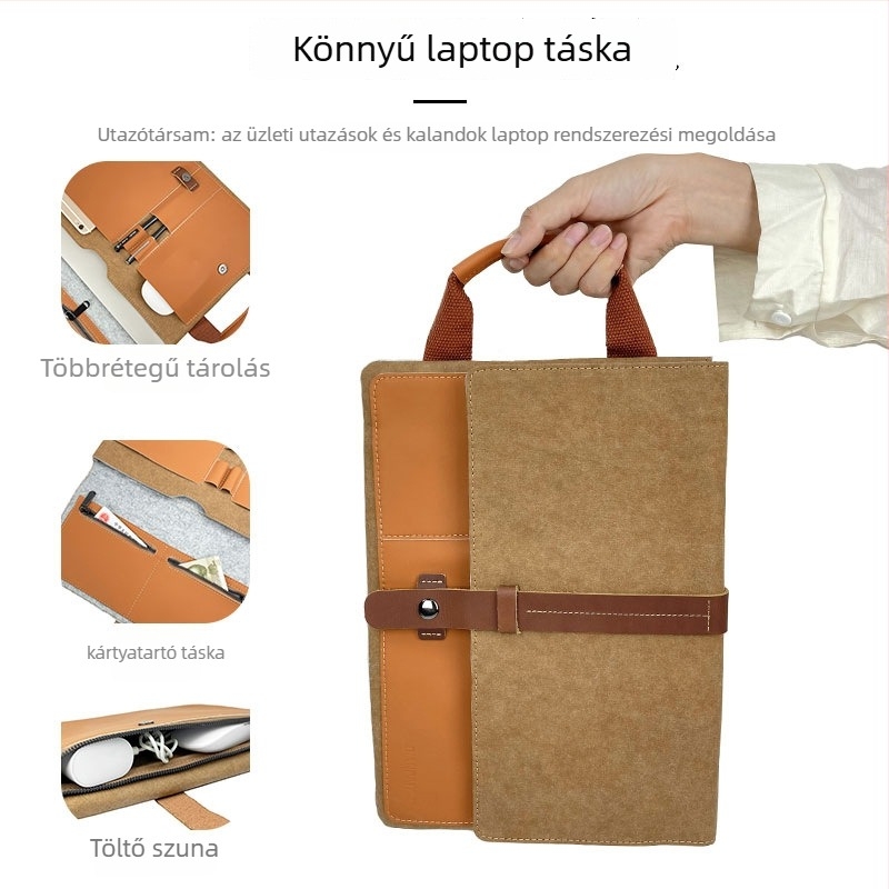Laptop belső tok kraft papírból és mikroszálas béléssel; ultra könnyű, kopásálló és ütésálló; egyszínű dizájn, filcbélés