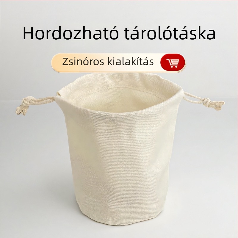 Pamutvászonból készült kör alapú húzózsinóros tárolótáska belső zsebbel