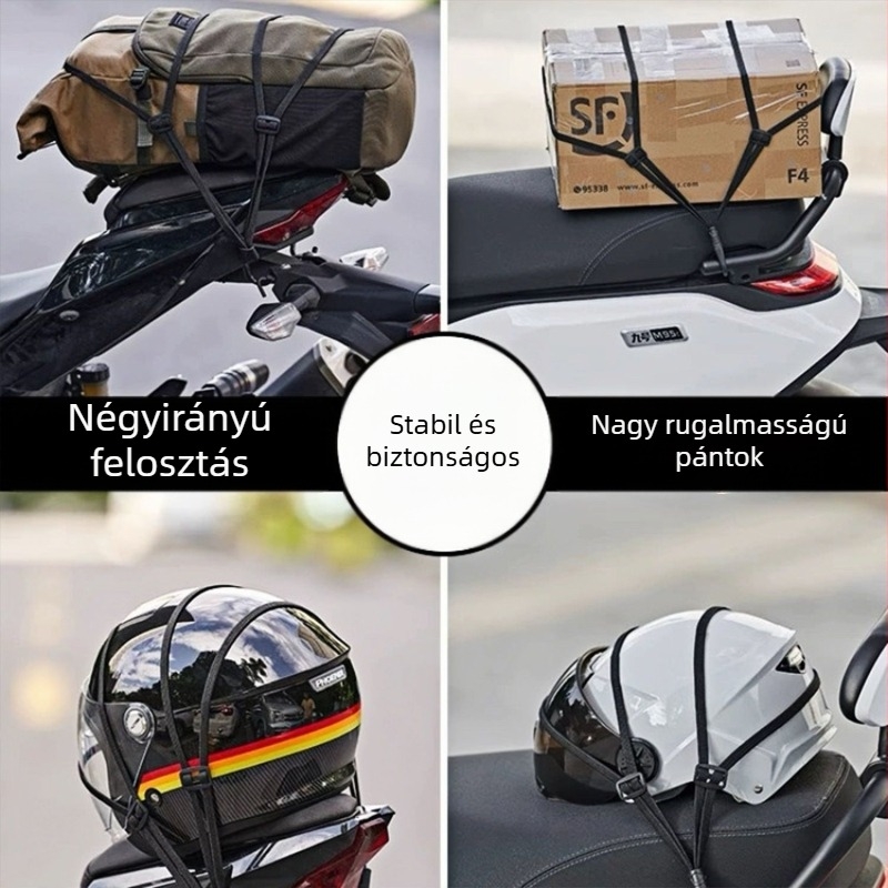 Multifunkcionális motorkerékpár rögzítő heveder – megerősített, kopásálló elasztikus kötél sisakhoz és poggyászhoz