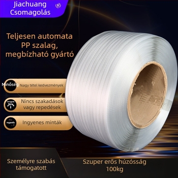 Gépi csomagoló szalag, PP forró olvadó szalag, vastagság 0.65/0.8 mm, húzóerő 100 kg, specifikációk 11-0.65/12-0.8