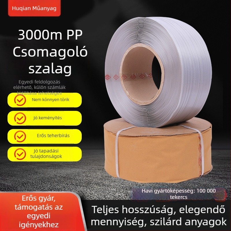 Kétoldalú PP csomagoló szalag gépi használatra, 0,6 mm vastagság, 20 kg szakítóerő, 10 kg tömeg