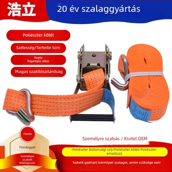 Poliészter rögzítő heveder dupla horoggal és ratchet feszítővel, kopásálló, sík webes heveder