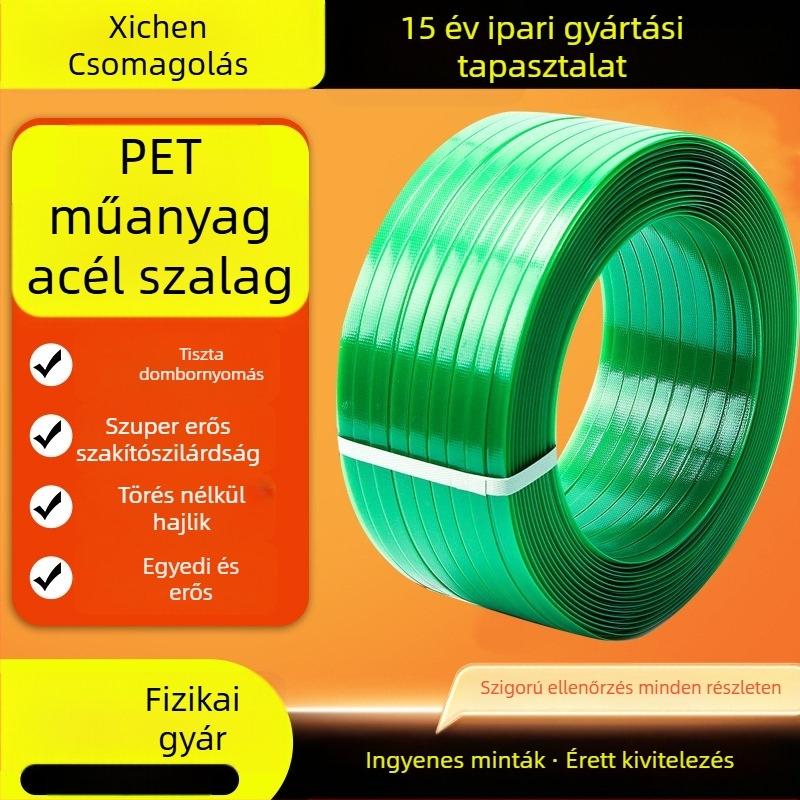 Géphez szánt magas szakítószilárdságú PET poliészter heveder karton, fa és papíripar számára; szakítószilárdság 500 kg; tekercs külső átmérő 600 mm, belső 406 mm; tekercs súlya 20/50 kg