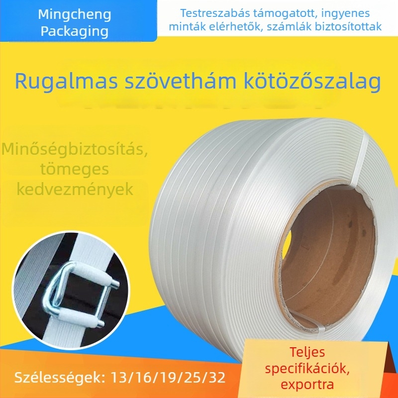 Poliészter szálas csomagoló szalag, 19/32 hüvelykes szélesség, nagy szakítószilárdságú, csattal