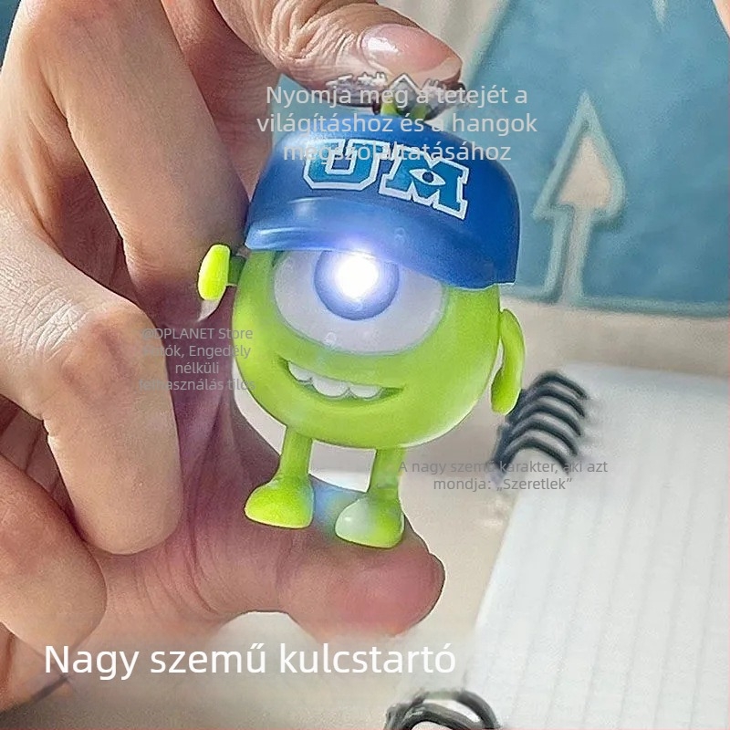 Fénylő és beszélő kulcstartó: nagy szemű szörny, aranyos rajzfilmfigura, kalappal és három szemmel