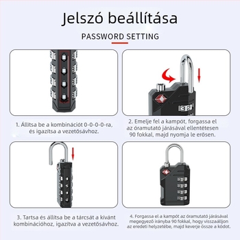 4 számjegyű kombinációs zár poggyászhoz, TSA-kompatibilis, cinkötvözet, modell CH-561, 3 mm vastagságú záróoszlop