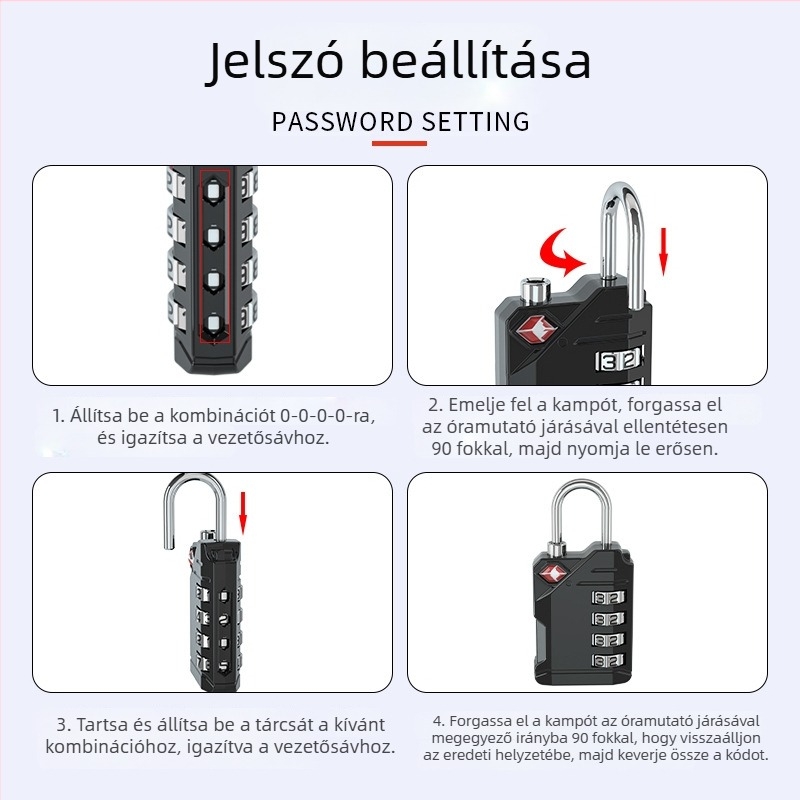 4 számjegyű kombinációs zár poggyászhoz, TSA-kompatibilis, cinkötvözet, modell CH-561, 3 mm vastagságú záróoszlop