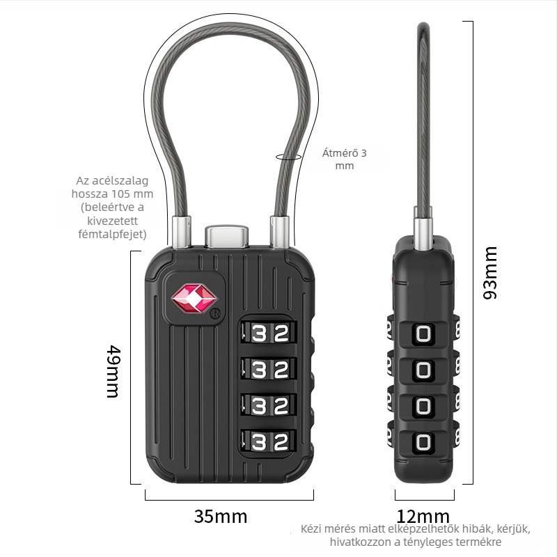 TSA bőröndzár mechanikus, TSA-542 modell, cink ötvözet, 3 mm zárókupak vastagság, 15 mm kar közötti távolság, könnyű luxus dizájn