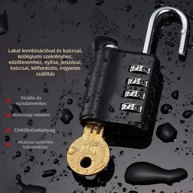 Vasból készült kombinációs zár jelszóval és kulccsal, szekrényekhez kollégiumi és edzőtermi használatra