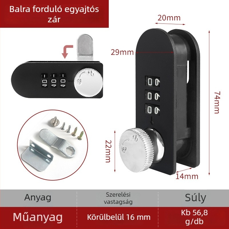 Mechanikus tárcsás kombinációs zár fiókokhoz és szekrényekhez (Rúd vastagsága: 16 mm; Rúd közötti távolság: 14 mm; Modell: Dial)
