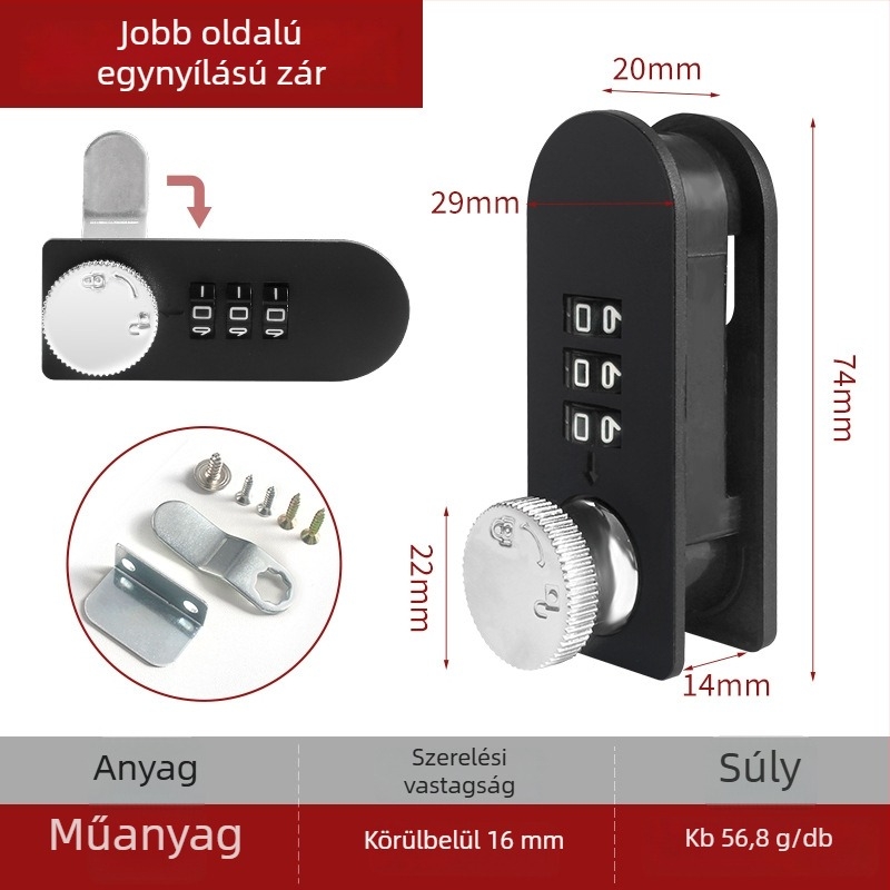 Mechanikus tárcsás kombinációs zár fiókokhoz és szekrényekhez (Rúd vastagsága: 16 mm; Rúd közötti távolság: 14 mm; Modell: Dial)