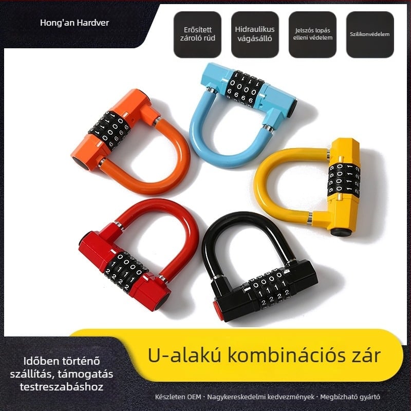 Négyszámú jelszavas U-zár kerékpárhoz, cinkötvözetből, anti-theft, modell 103