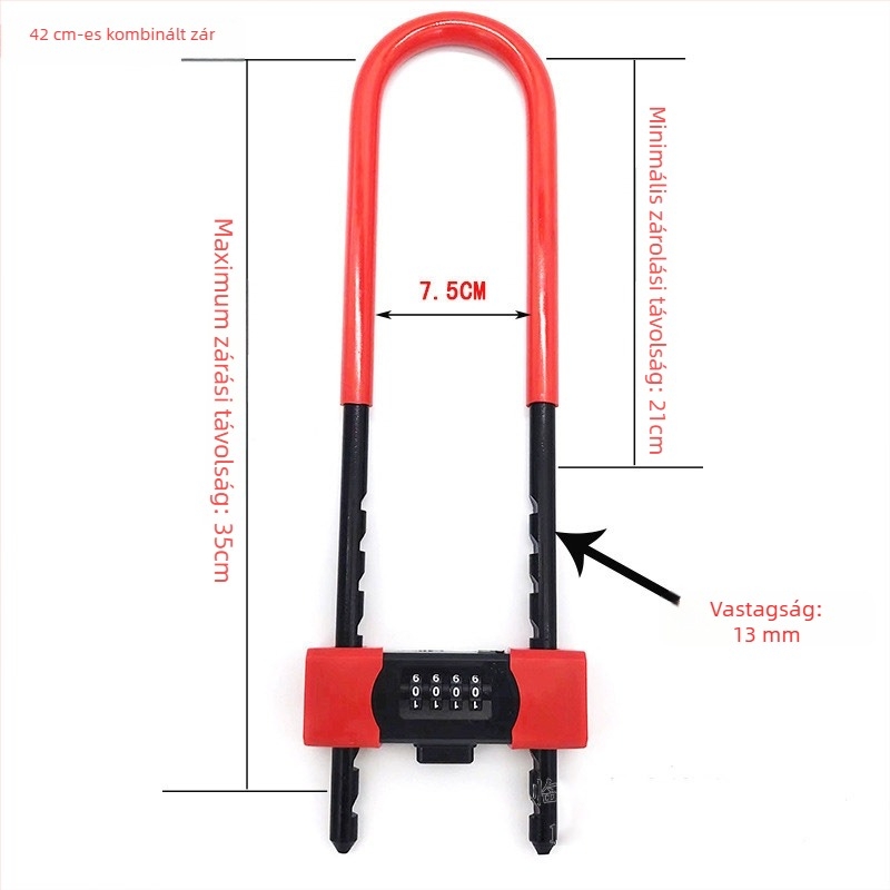 U-formájú jelszós zár üvegajtókhoz, dupla ajtó – gépi típus, modell Password mortise lock 42, 13 mm záróelem, 72 mm távolság, anyag cinkötvözet+PVC