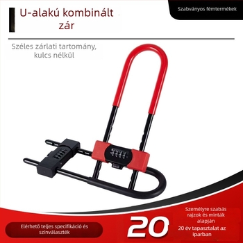 U-formájú kombinált zár üvegajtókhoz és üzletekhez, vízálló és korrózióálló; zár testéhez acél, belső rézmag; vastagított, hosszabb zárócsap; alkalmas üvegajtókhoz, üzletekhez és motorkerékpárokhoz