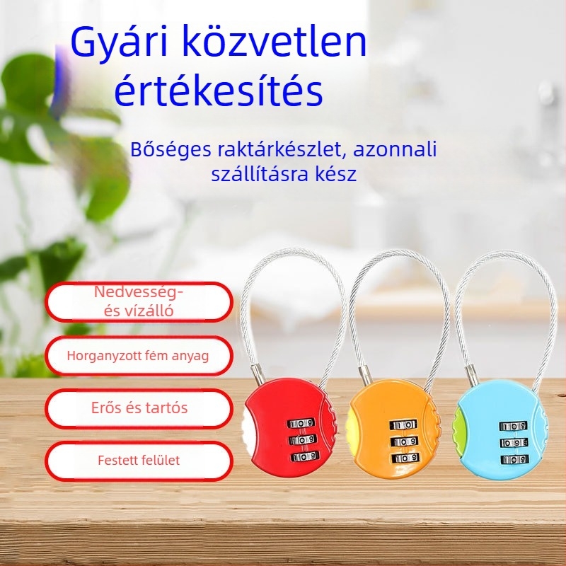 Háromjegyű kör alakú kombinációs zár cinkötvözetből, acélhuzallal – diákkollégiumok számára