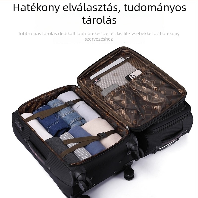 Uniszex üzleti utazótáska Oxford anyagból, TSA kombinációs zár, univerzális kerekek, bővíthető, száraz-nedves elválasztás