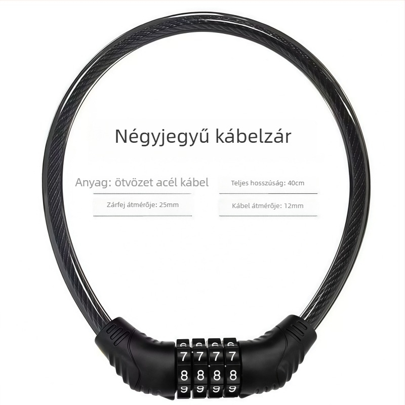 Kerékpár jelszavas zár — Zn ötvözet, numerikus kombináció, Ø12 mm kar, 12 cm távolság