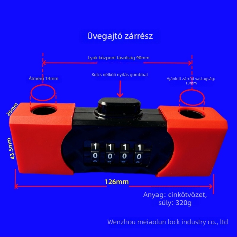 Üvegajtóhoz való jelszavas zár, mechanikus, edzett PC anyagból, belső szélesség 90 mm, alkalmas kirakatokhoz és tolóajtókhoz