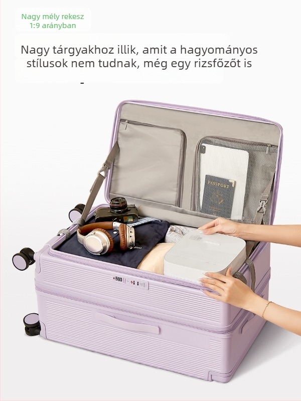 2026-os új modellű 20 hüvelykes bőrönd alumínium kerettel, csendes forgó kerekek, USB-port, töltőport és kombinációs zár