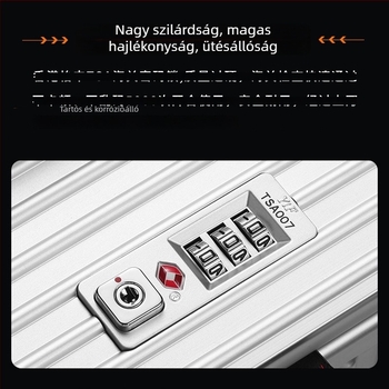 Oldalsó nyitású kemény utazótáska alumínium-magnézium ötvözetből, TSA-zár, belső laptopzseb, univerzális kerekek.
