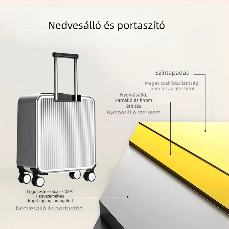 Oldalsó nyitású kemény utazótáska alumínium-magnézium ötvözetből, TSA-zár, belső laptopzseb, univerzális kerekek.
