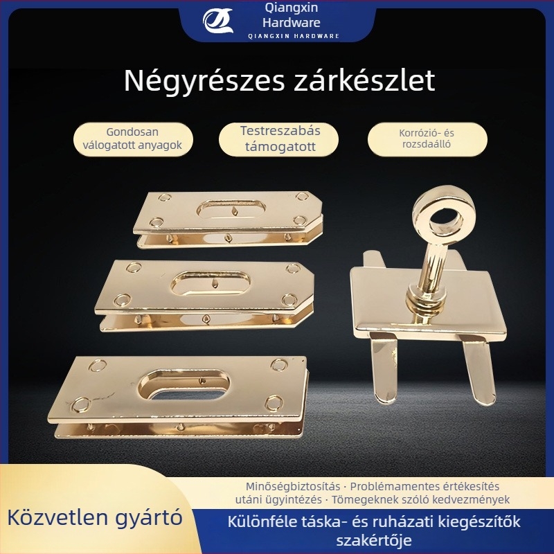 Négy részes hardver készlet zárakhoz, táskákhoz és bőrtárgyakhoz — cinkötvözet, lakat, bőr csat, csavarok és alap