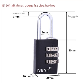 NBYT alumínium mechanikus kódzár táskákhoz, modell E1201; rud vastagsága 3, rudak közötti távolság 9