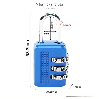 Cinkötvözetből készült mini kombinációs zár – 9 mm távolság a rúd között, 2,9 mm a rúd vastagsága, modell JX-8020