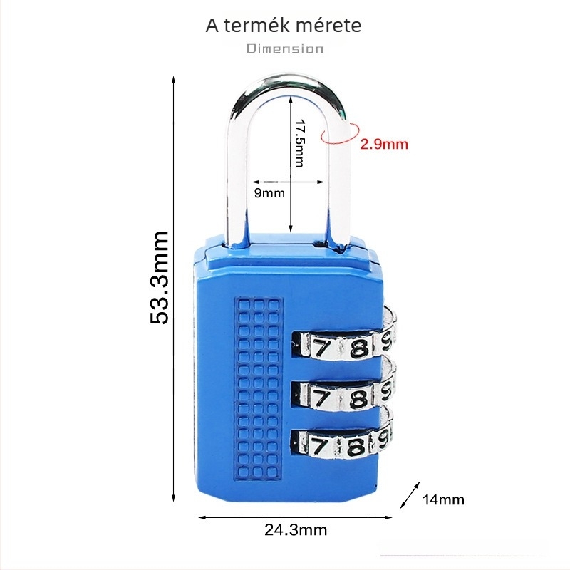 Cinkötvözetből készült mini kombinációs zár – 9 mm távolság a rúd között, 2,9 mm a rúd vastagsága, modell JX-8020