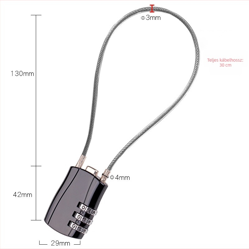 F713 mechanikus zár acélkábel és PVC bevonattal, alkalmas táskákhoz, kis szekrényekhez és fiókokhoz.