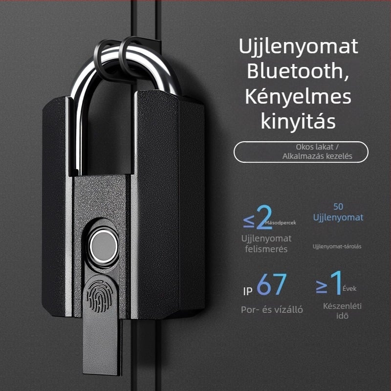 Elektronikus ujjlenyomat-zár, modell G916, vízálló kialakítás, 50 ujjlenyomat tárhely, több mint 10 000 nyitás, szkennelési idő kevesebb mint 2 másodperc.