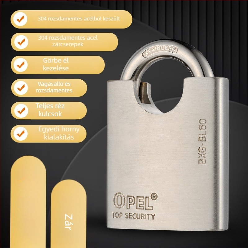 BXG-BL 304 rozsdamentes acél lakat – vízálló, korrózióálló, ellenáll a betörésnek és vágásnak, réz kulcs