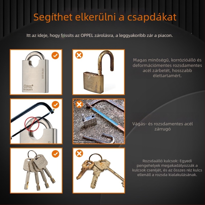 BXG-BL 304 rozsdamentes acél lakat – vízálló, korrózióálló, ellenáll a betörésnek és vágásnak, réz kulcs