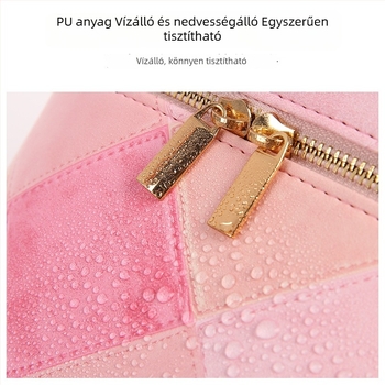 PU bőr sminktáska, ovális alakú, nagy kapacitású, cipzáras nyitás, kockás mintázat