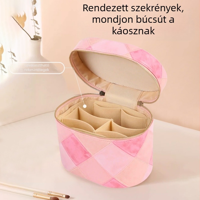 PU bőr sminktáska, ovális alakú, nagy kapacitású, cipzáras nyitás, kockás mintázat