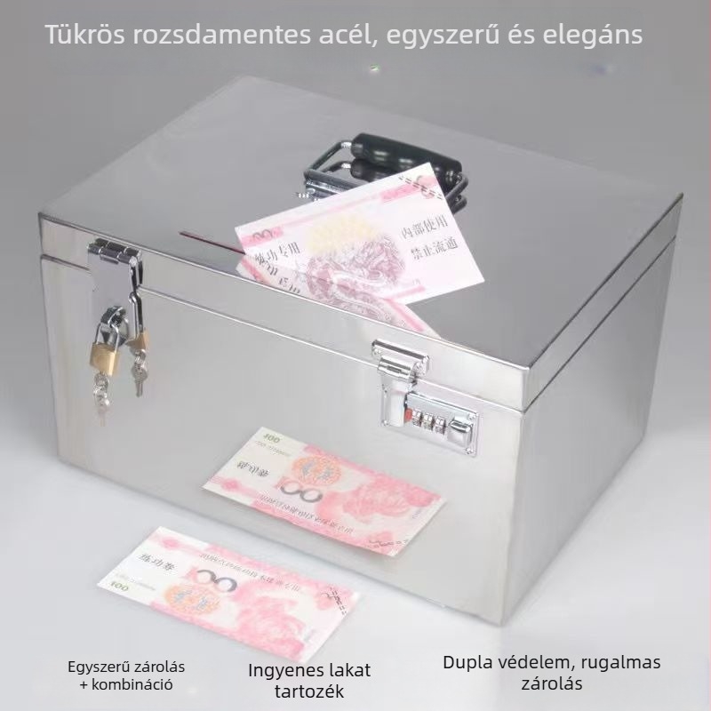 Rozsdamentes acél asztali tároló doboz egy lakattal zárható, vastagított kivitel