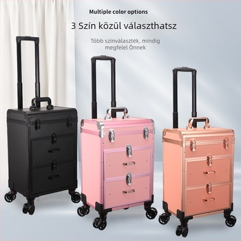 Sminkmester gurulós sminktáska — fából készült, repülőgép-kerékkel, zárható, bővíthető rekesz, otthoni tárolásra