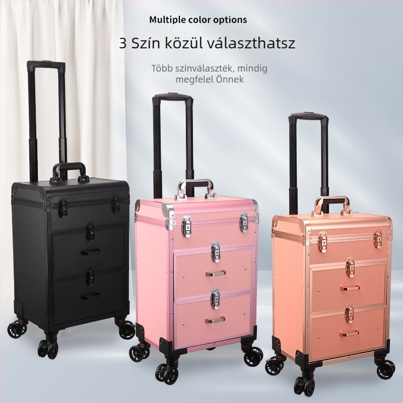 Sminkmester gurulós sminktáska — fából készült, repülőgép-kerékkel, zárható, bővíthető rekesz, otthoni tárolásra