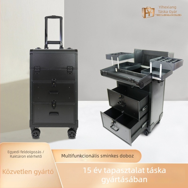 Hordozható trolis sminktáska tetováláshoz és manikűrhöz, több rétegű kialakítás, PU bőrfelület, fém váz, univerzális kerekek, zárható