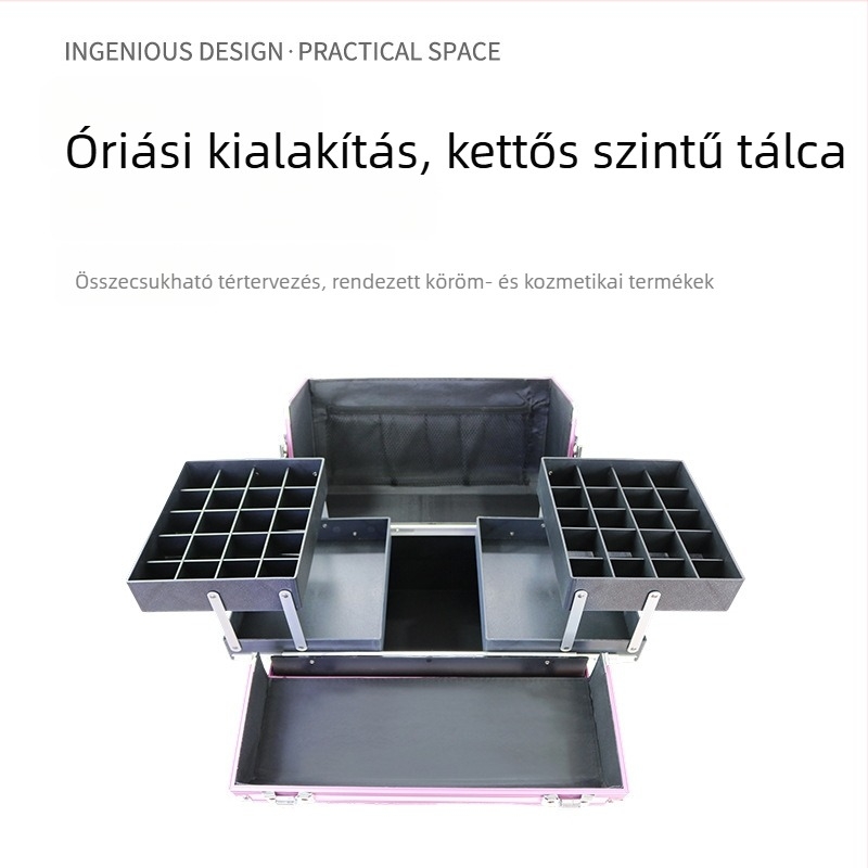 Hordozható trolis sminktáska tetováláshoz és manikűrhöz, több rétegű kialakítás, PU bőrfelület, fém váz, univerzális kerekek, zárható