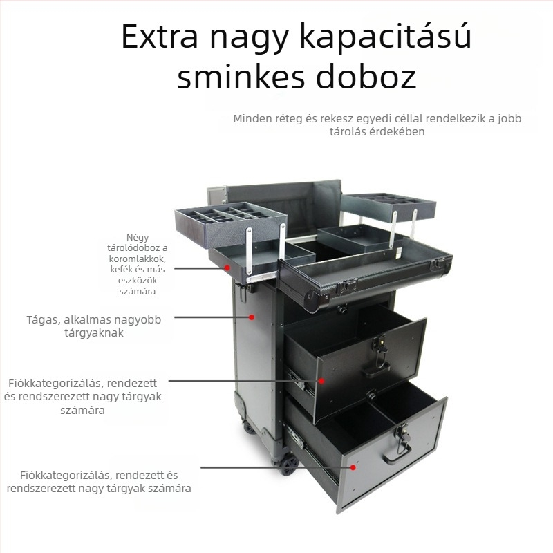 Hordozható trolis sminktáska tetováláshoz és manikűrhöz, több rétegű kialakítás, PU bőrfelület, fém váz, univerzális kerekek, zárható