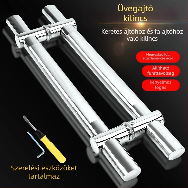 Rozsdamentes acélból készült edzett üveg ajtókilincs, üvegajtóhoz, állítható furatközépponttal