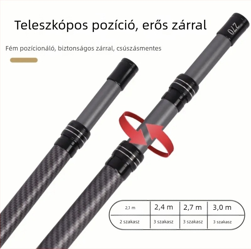 Szénszálas halászhálóbot teleszkópos kivitelben, habos fogantyúval, 4 részes