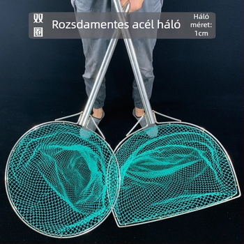 Rozsdamentes acélból készült horgász háló táska, dupla belső gyűrűkkel, 9 szálból álló apró szemű háló, hosszú csúszásmentes fogantyú