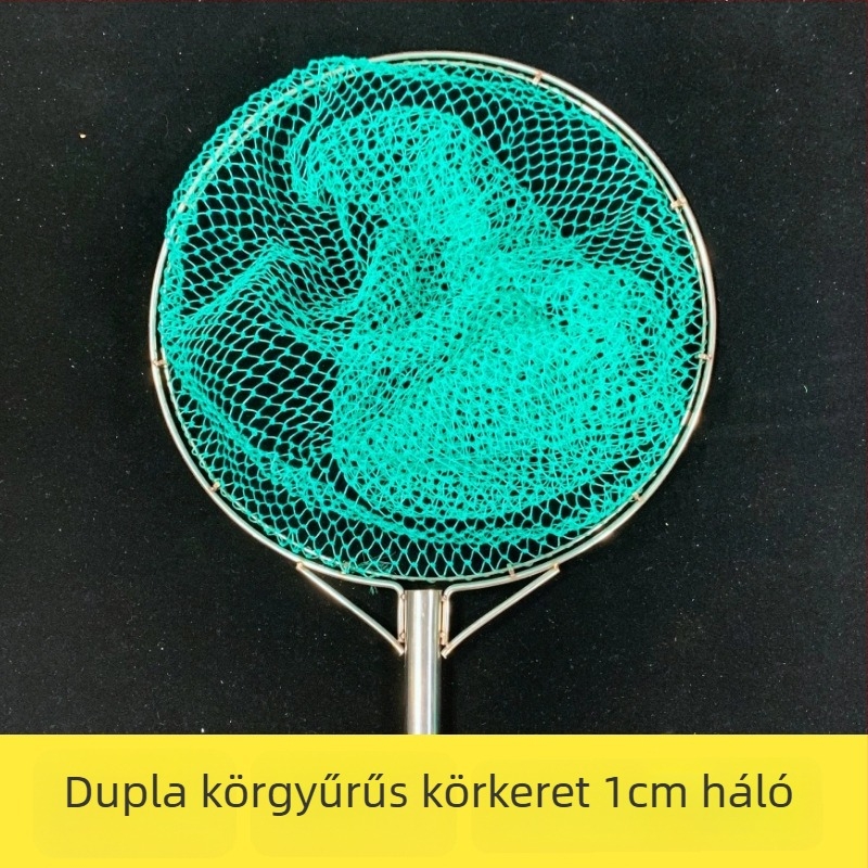 Rozsdamentes acélból készült horgász háló táska, dupla belső gyűrűkkel, 9 szálból álló apró szemű háló, hosszú csúszásmentes fogantyú