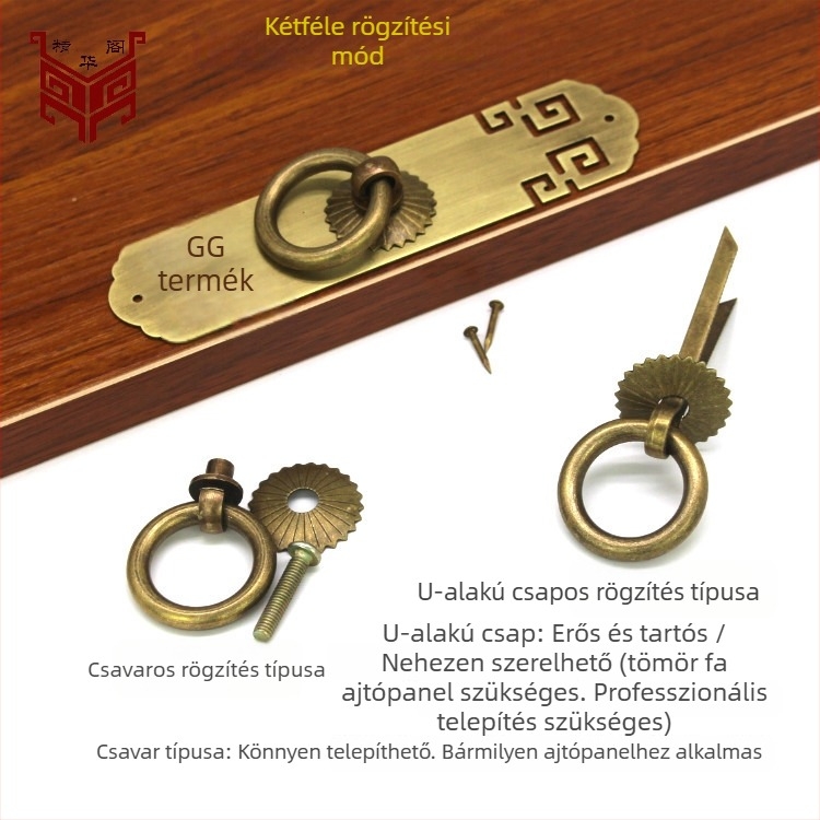 Sárgaréz szekrényajtó fogantyú, kínai antik stílusban, egylyukas kivitel