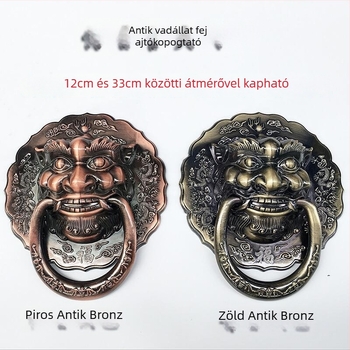 Ősi bronz színű ajtóhúzó gyűrű, állatfejekkel: oroszlán, tigris és kirin; fa ajtóhoz